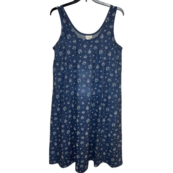 Denim Floral Jean Jumper Dress with Pockets Vermont Country Store Women Sz L - Picture 1 of 6